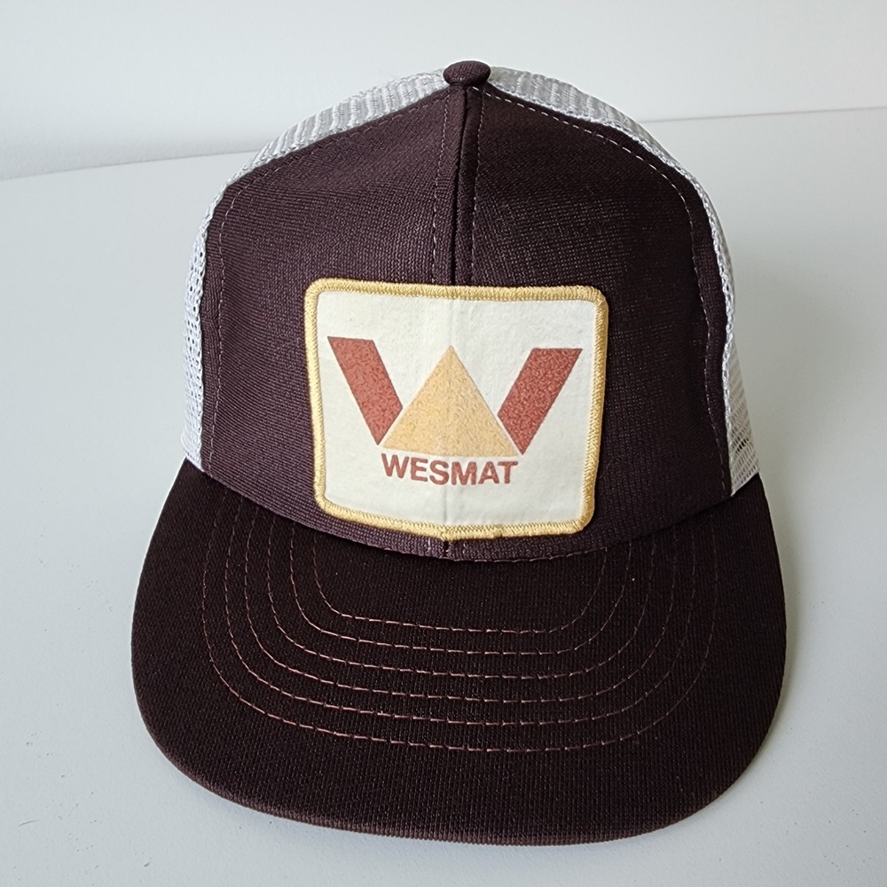 Vintage 80s Wesmat Trucker Hat Mesh Baseball‎ Cap Snap Back Patch Brown Beige